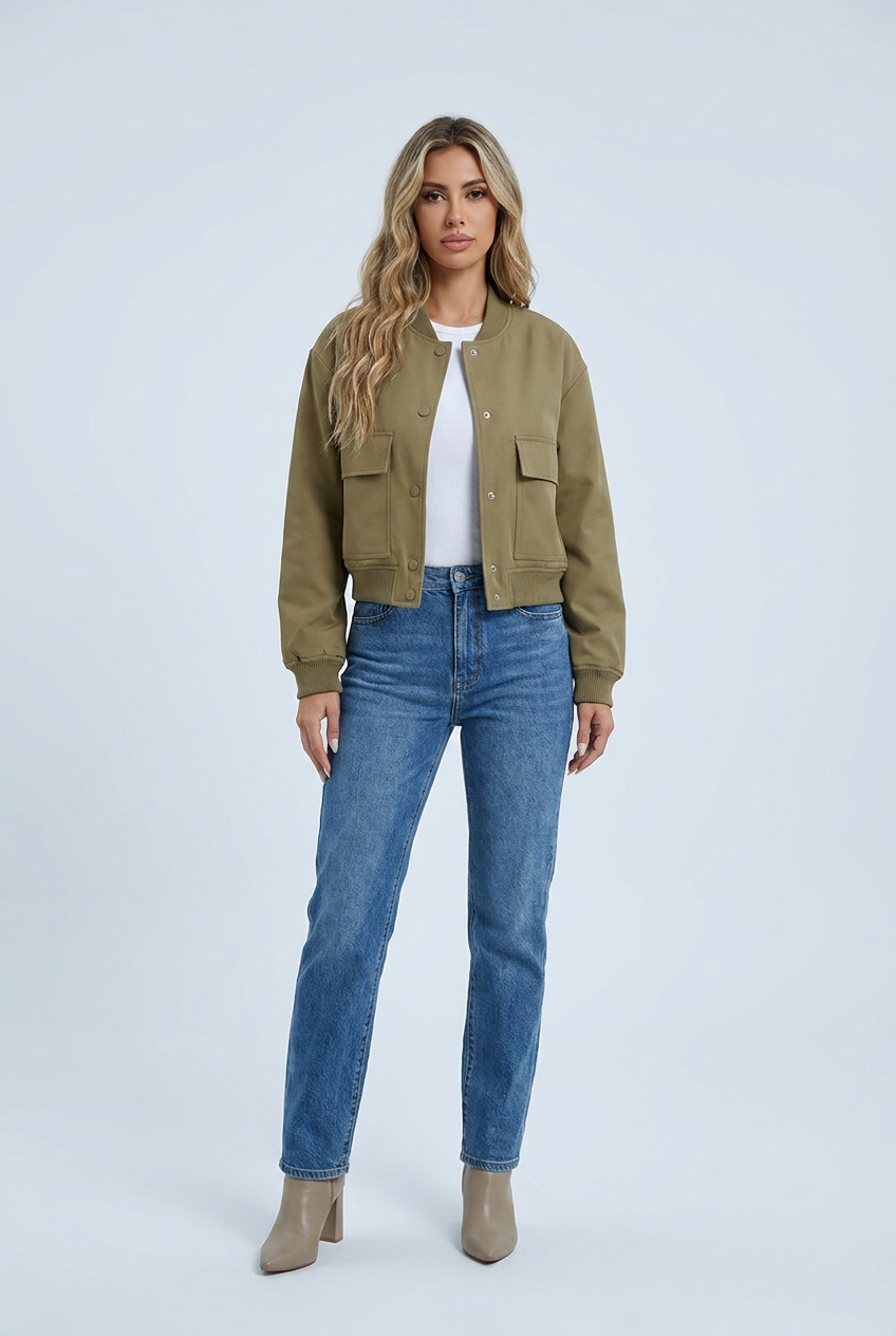 Olive bomber jacket ribbed trim snap button front flap pockets cropped front