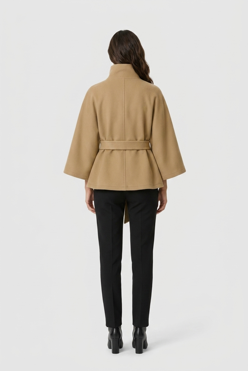 Camel cropped cape coat high funnel collar tie belt wool blend back