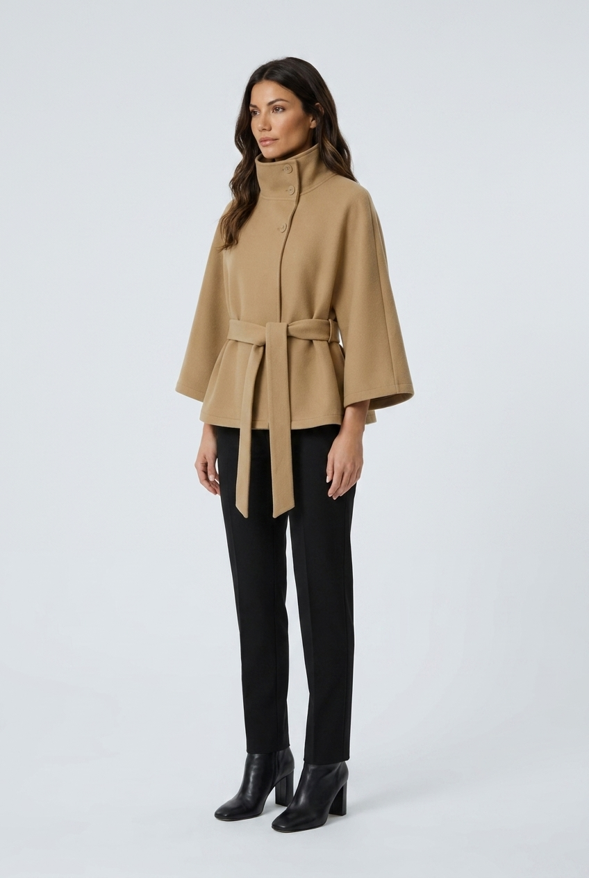 Camel cropped cape coat high funnel collar tie belt wool blend closeup
