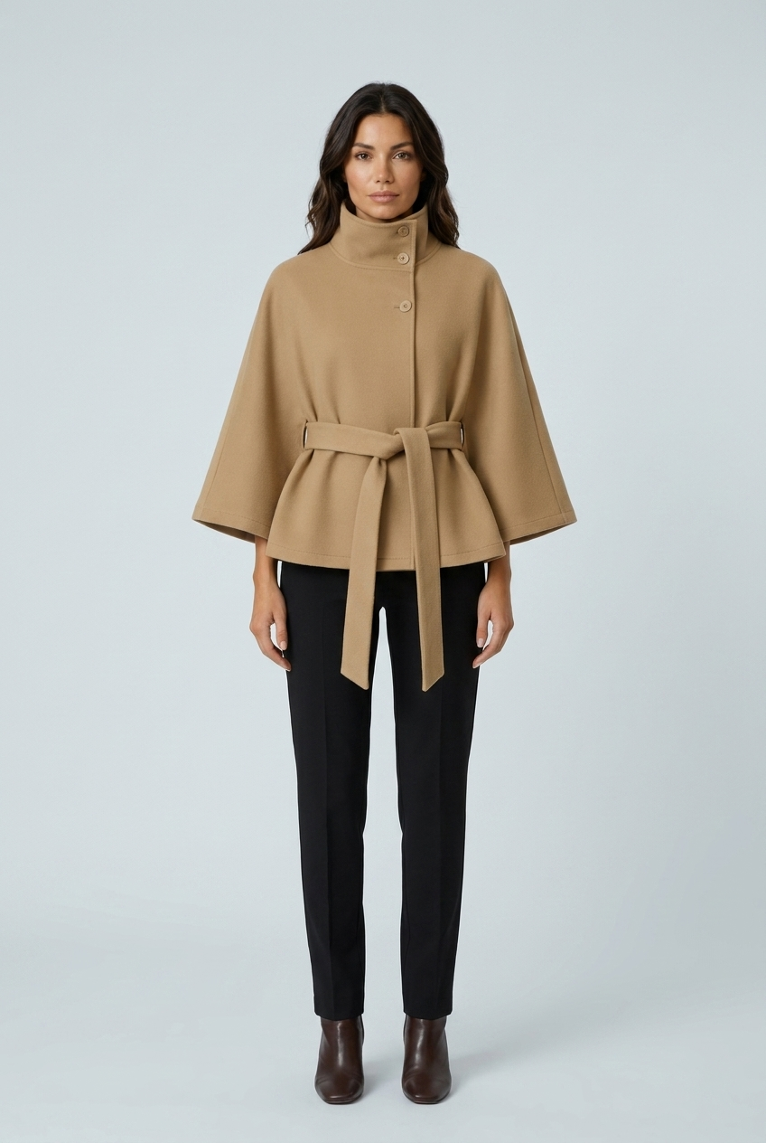 Camel cropped cape coat high funnel collar tie belt wool blend front