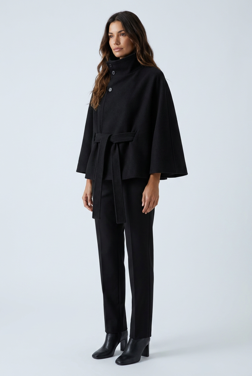 Black cropped cape coat high funnel collar tie belt wool blend closeup