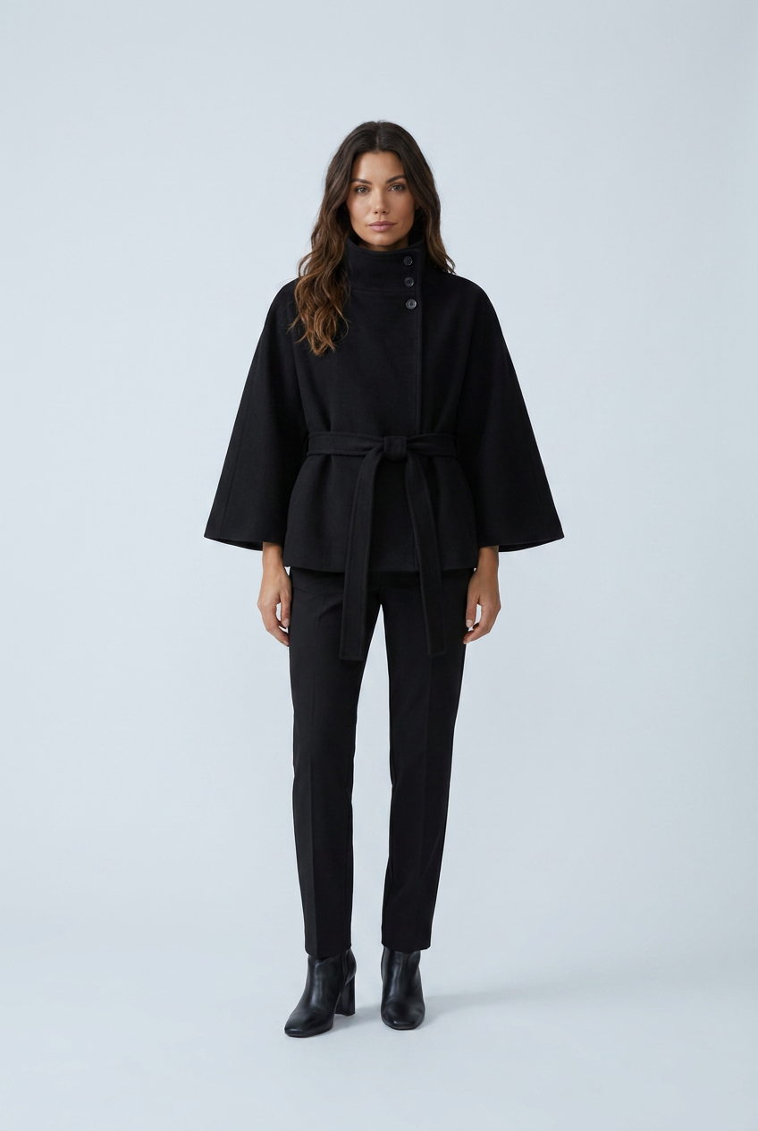 Black cropped cape coat high funnel collar tie belt wool blend front