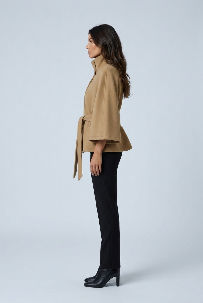 Camel cropped cape coat high funnel collar tie belt wool blend side