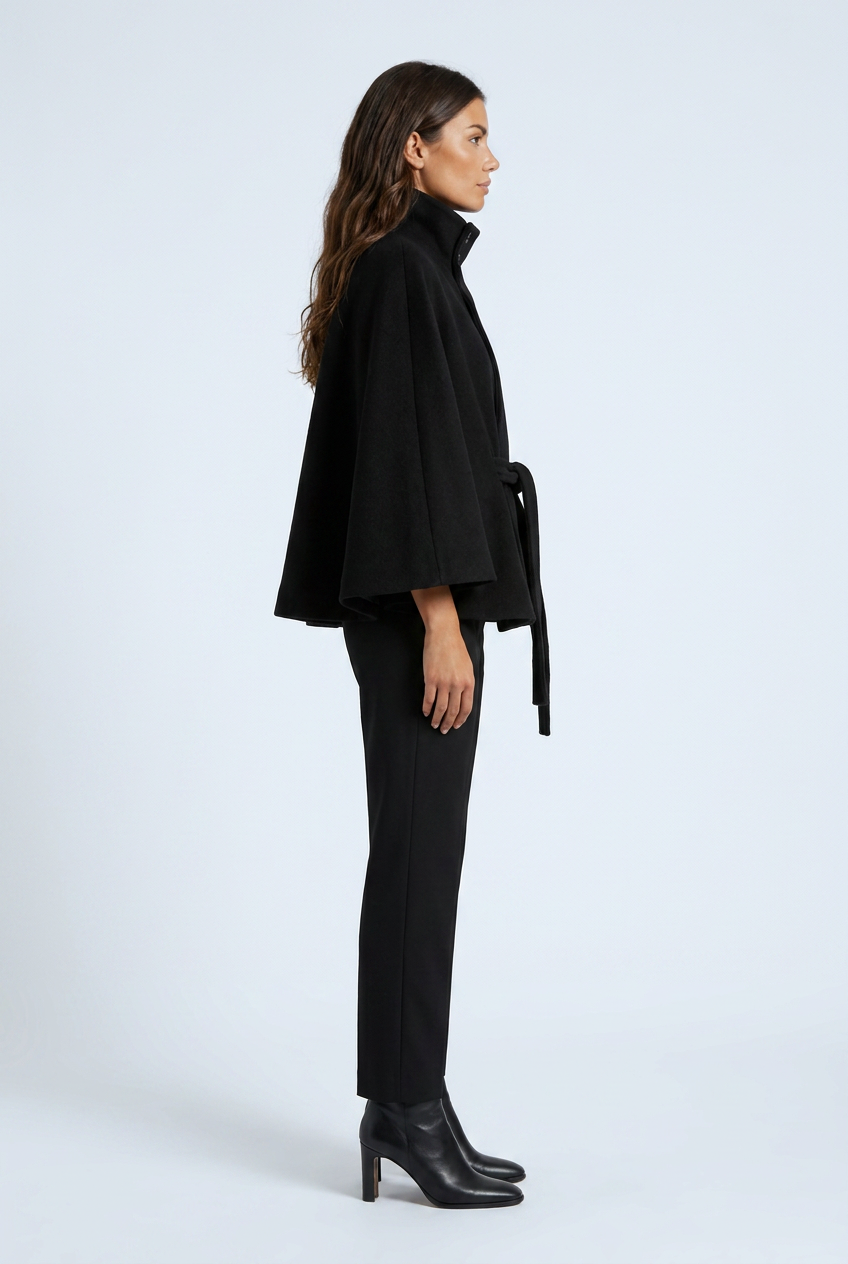 Black cropped cape coat high funnel collar tie belt wool blend side