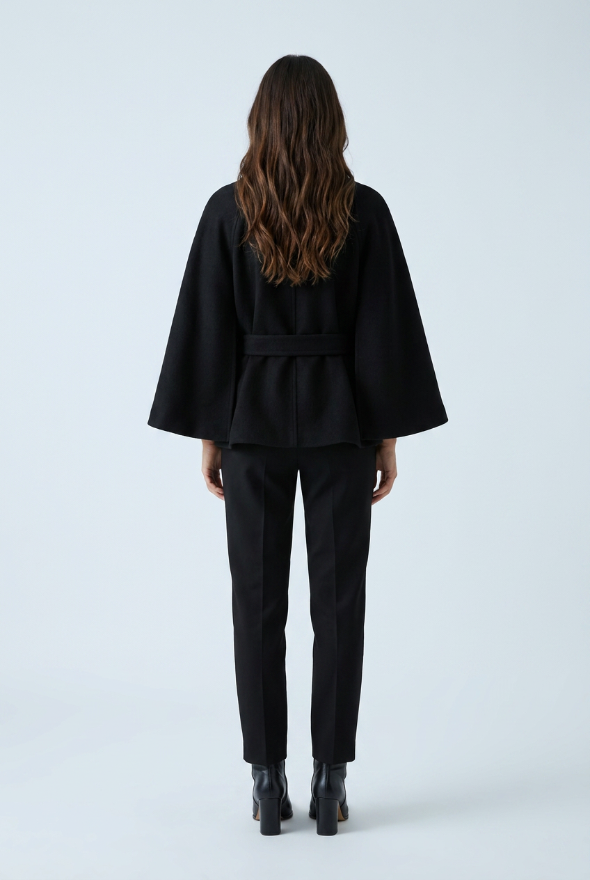 Black cropped cape coat high funnel collar tie belt wool blend back