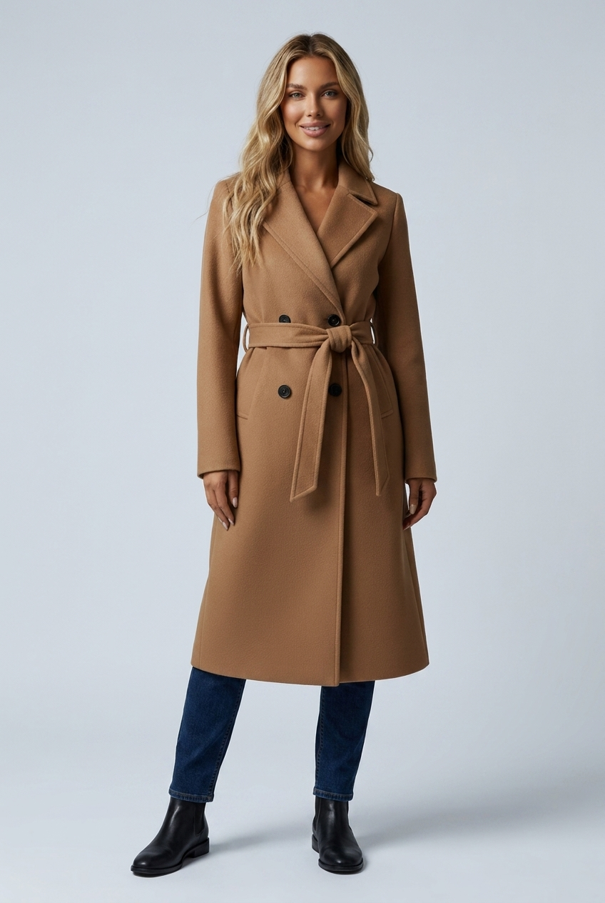 Matilda camel belted double-breasted coat front view