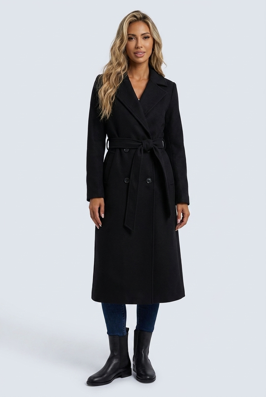 Matilda black belted double-breasted coat front view