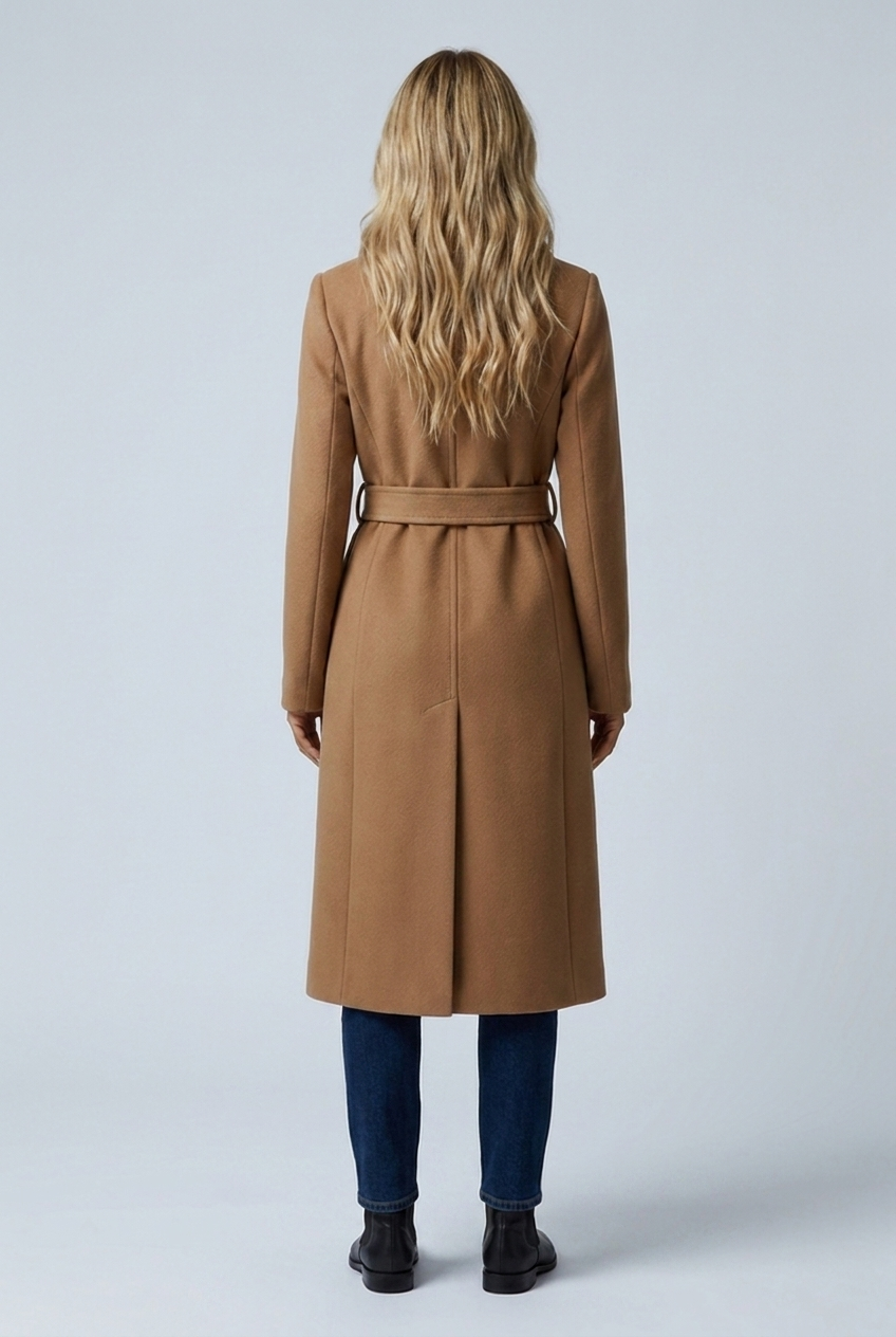 Matilda camel belted coat back view