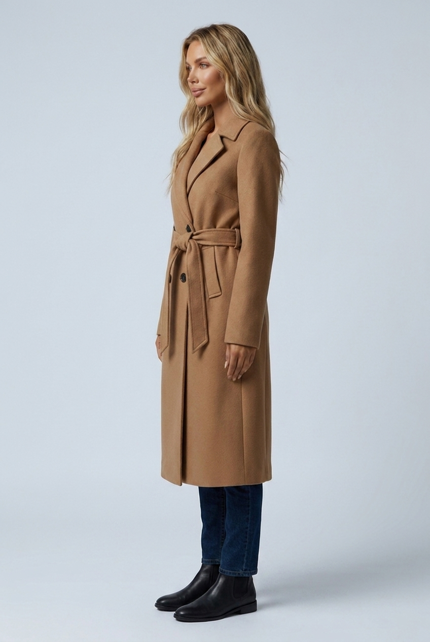Matilda camel belted coat side profile