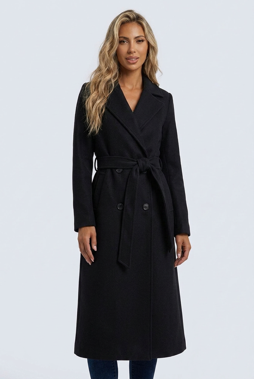 Matilda black belted coat close up lapels buttons and tie belt
