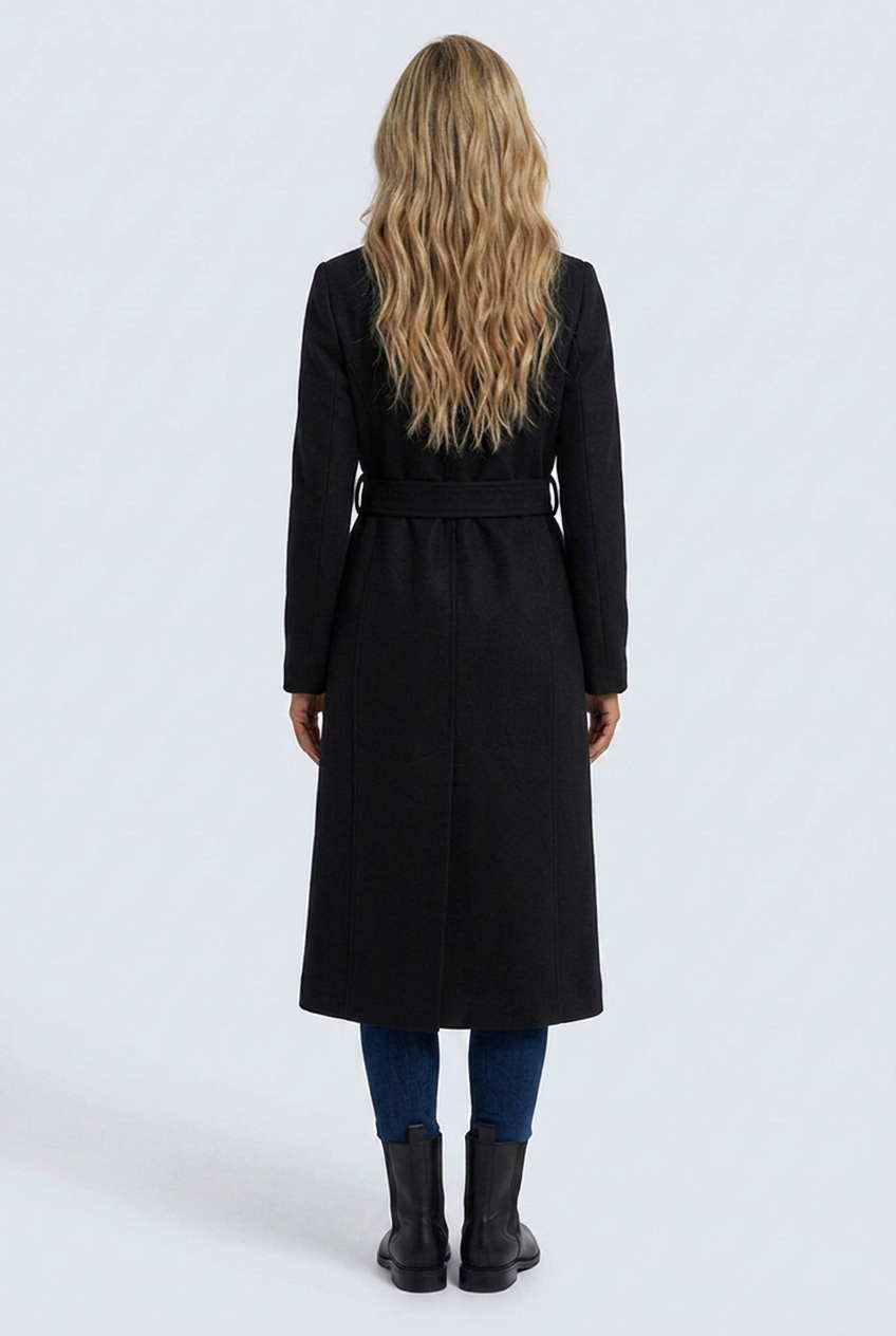 Matilda black belted coat back view