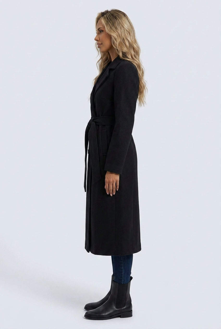 Matilda black belted coat side profile