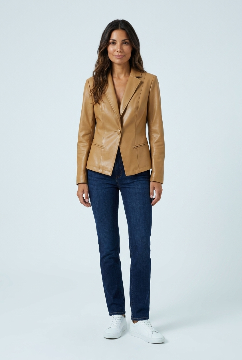 Vera camel fitted leather blazer front view