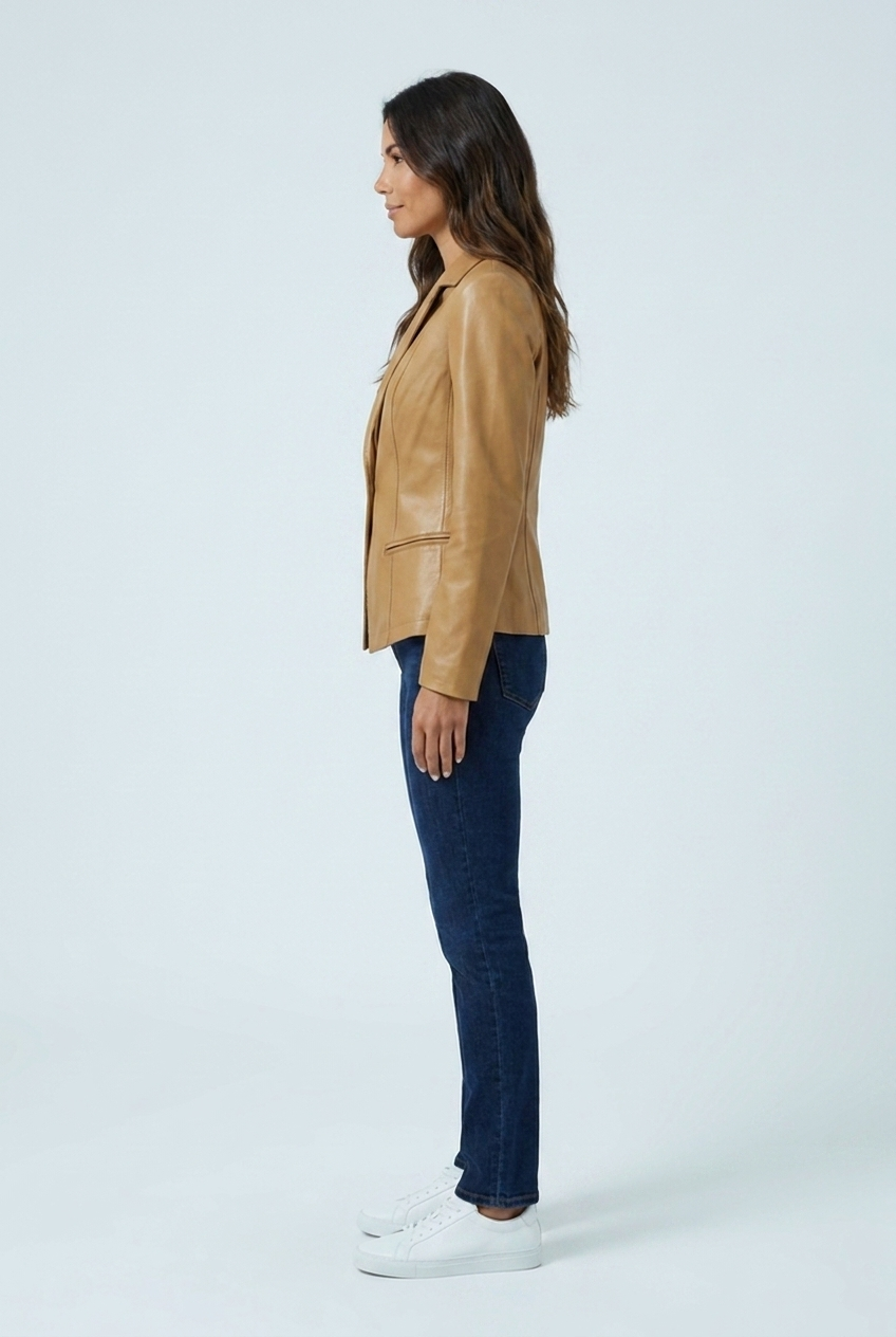 Vera camel leather blazer side profile