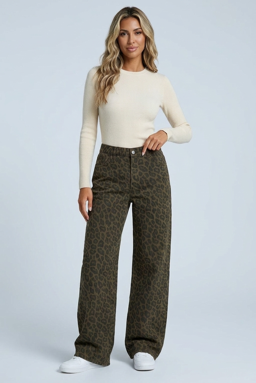 Sienna leopard print wide-leg trousers full length front on model