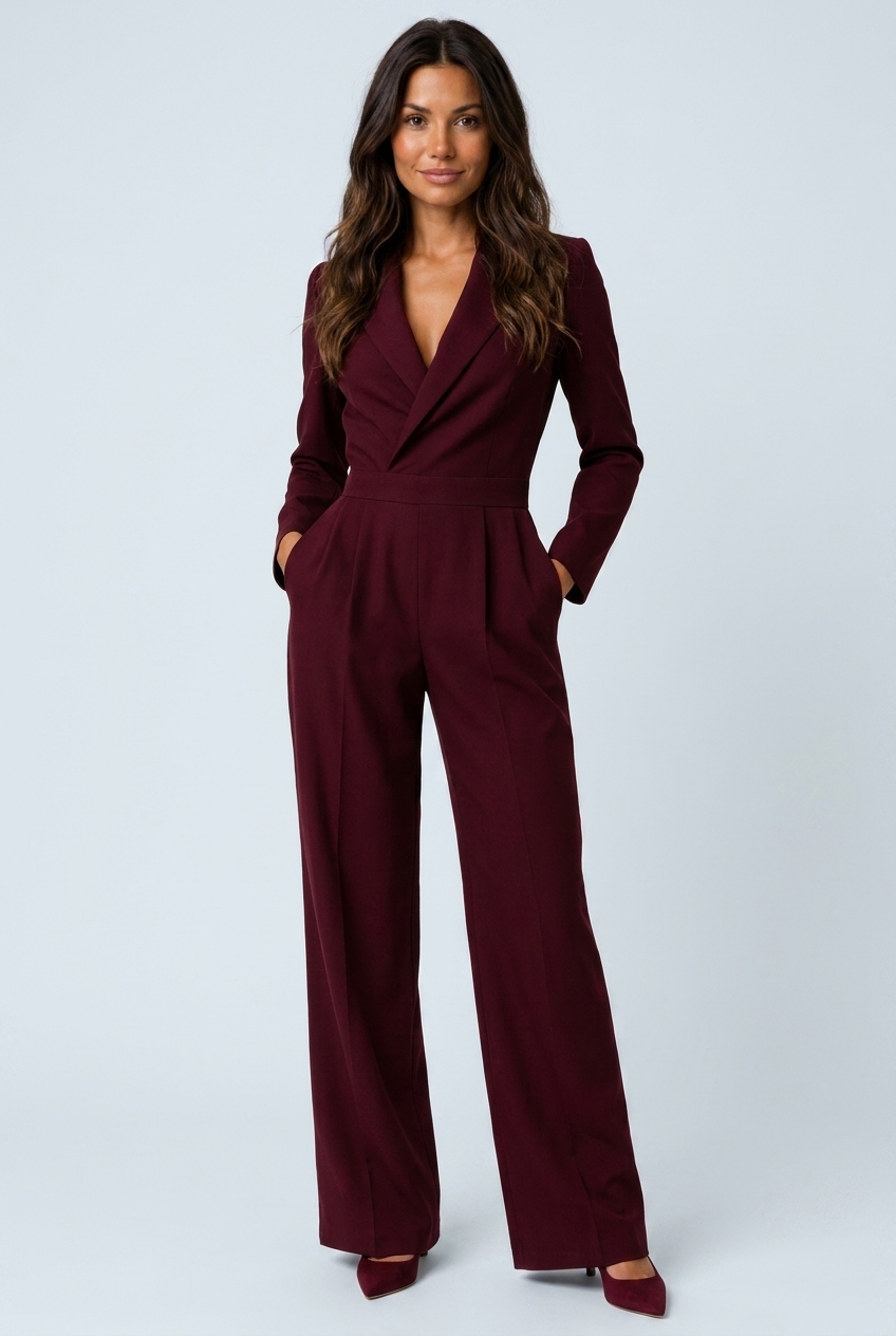 Eloise burgundy tailored wide-leg jumpsuit front view