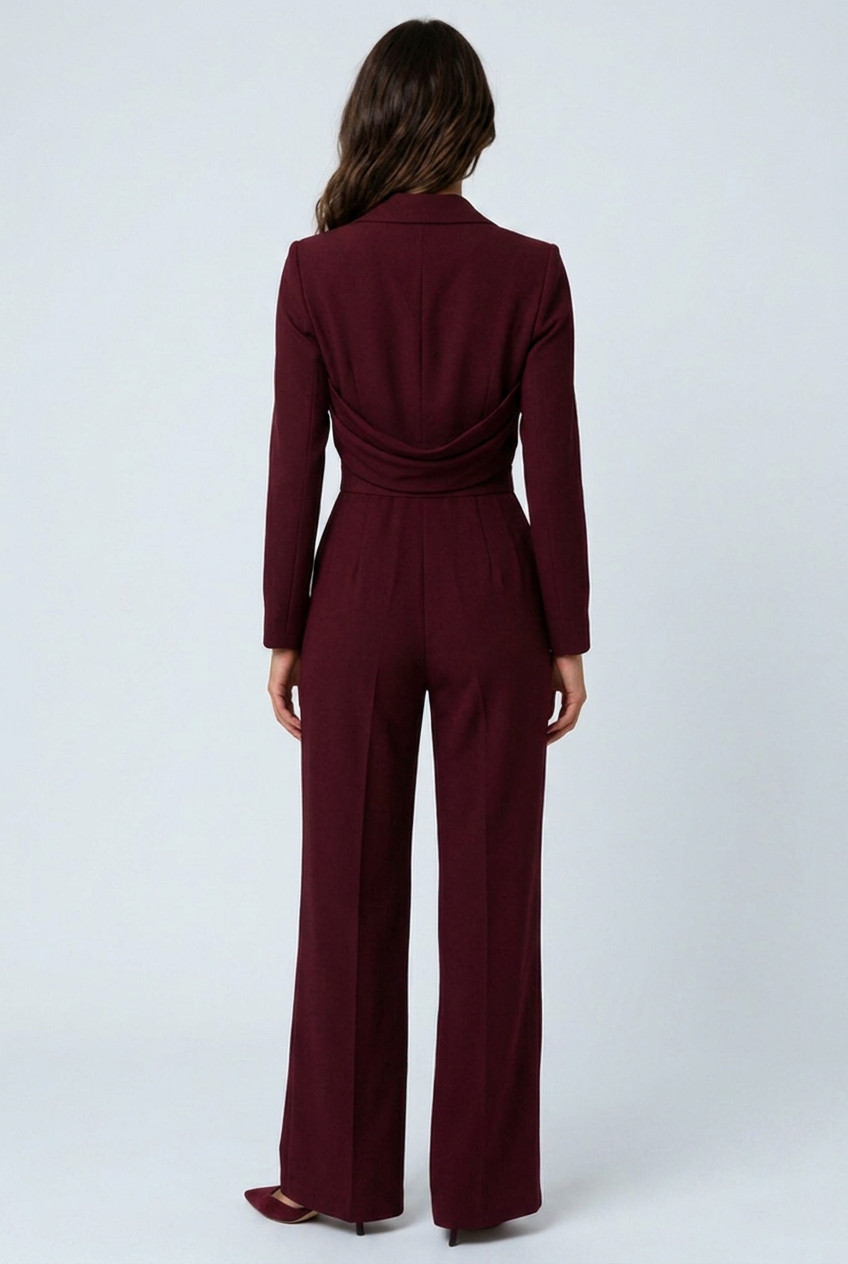 Eloise burgundy jumpsuit back view with low draped back