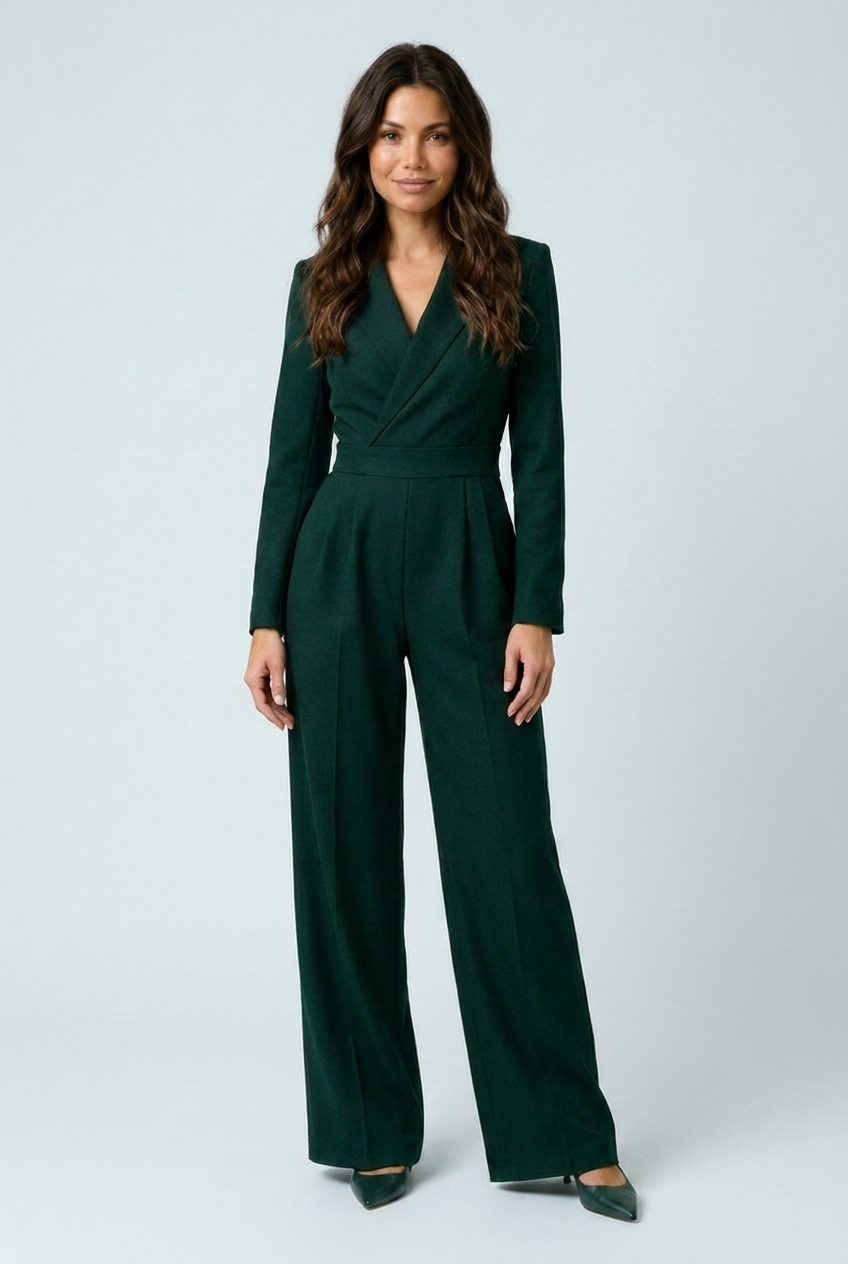 Eloise green jumpsuit close up wrap V-neck and pleated waist
