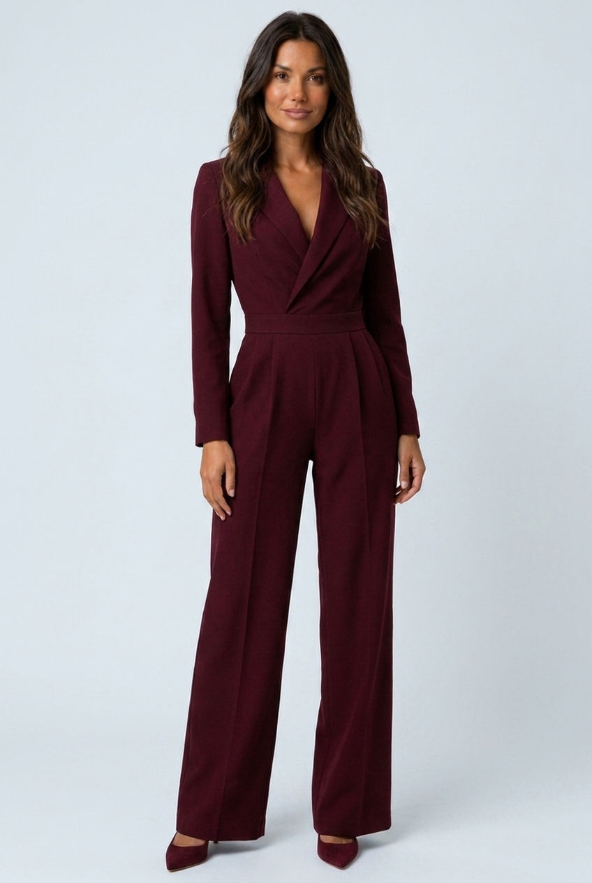 Eloise burgundy jumpsuit close up wrap V-neck and pleated waist