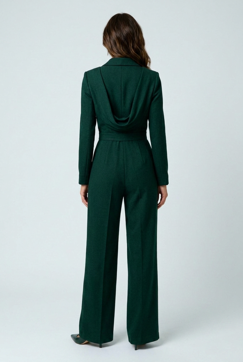 Eloise green jumpsuit back view with low draped back