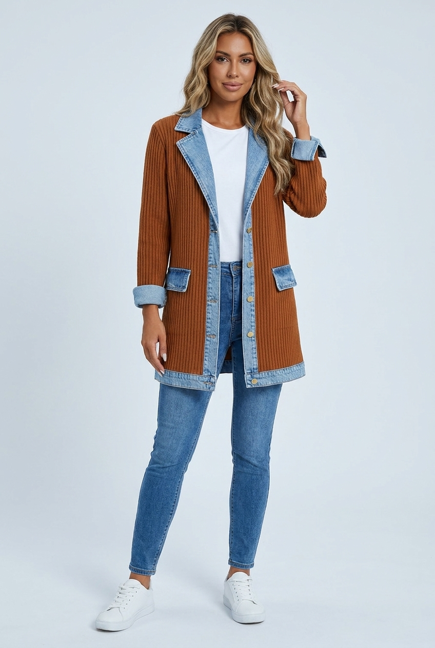 Elaine ribbed denim-trim jacket brown front