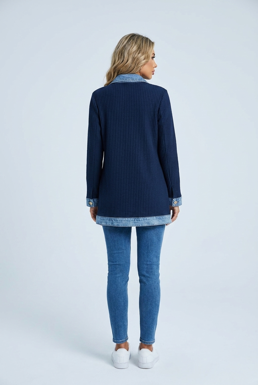 Elaine ribbed denim-trim jacket navy back