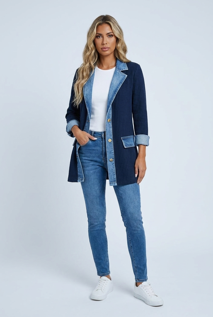 Elaine ribbed denim-trim jacket navy front
