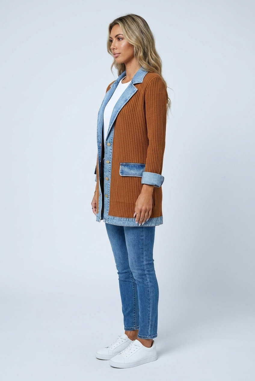 Elaine ribbed denim-trim jacket brown side