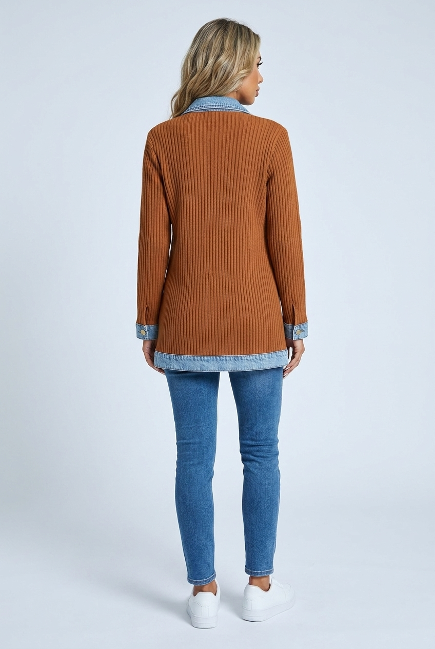 Elaine ribbed denim-trim jacket brown back