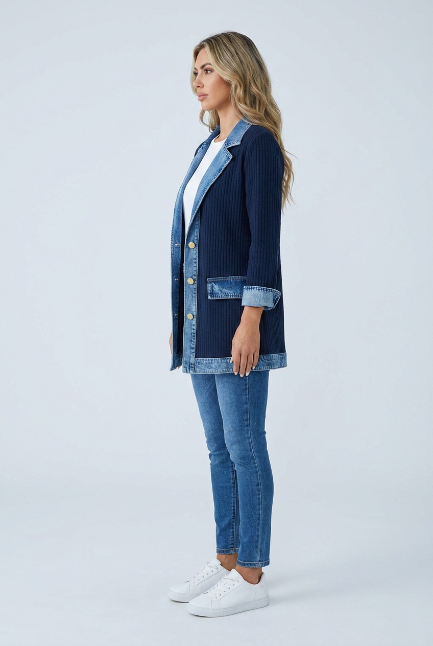 Elaine ribbed denim-trim jacket navy side
