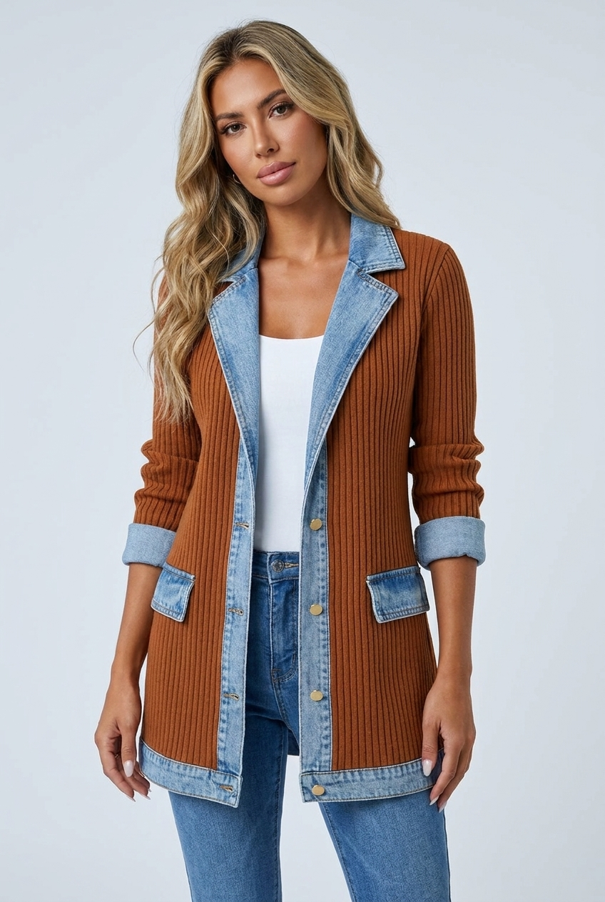 Elaine ribbed denim-trim jacket brown hero