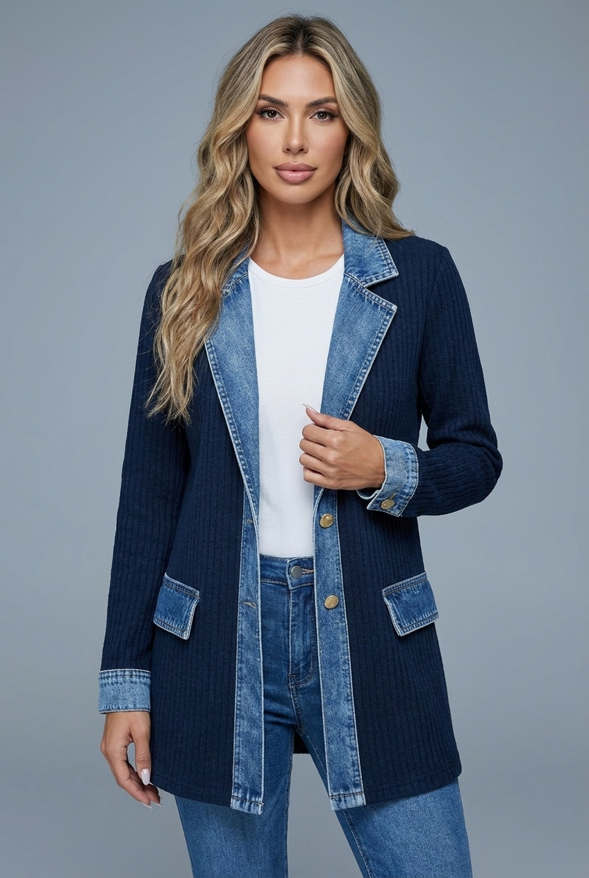Elaine ribbed denim-trim jacket navy hero