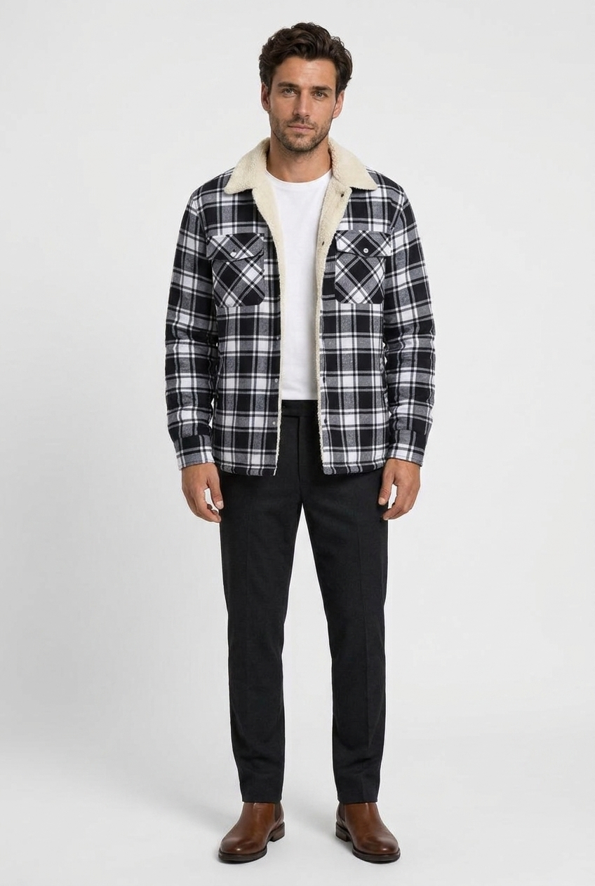 Derrick men's sherpa-lined shirt jacket in black, front view