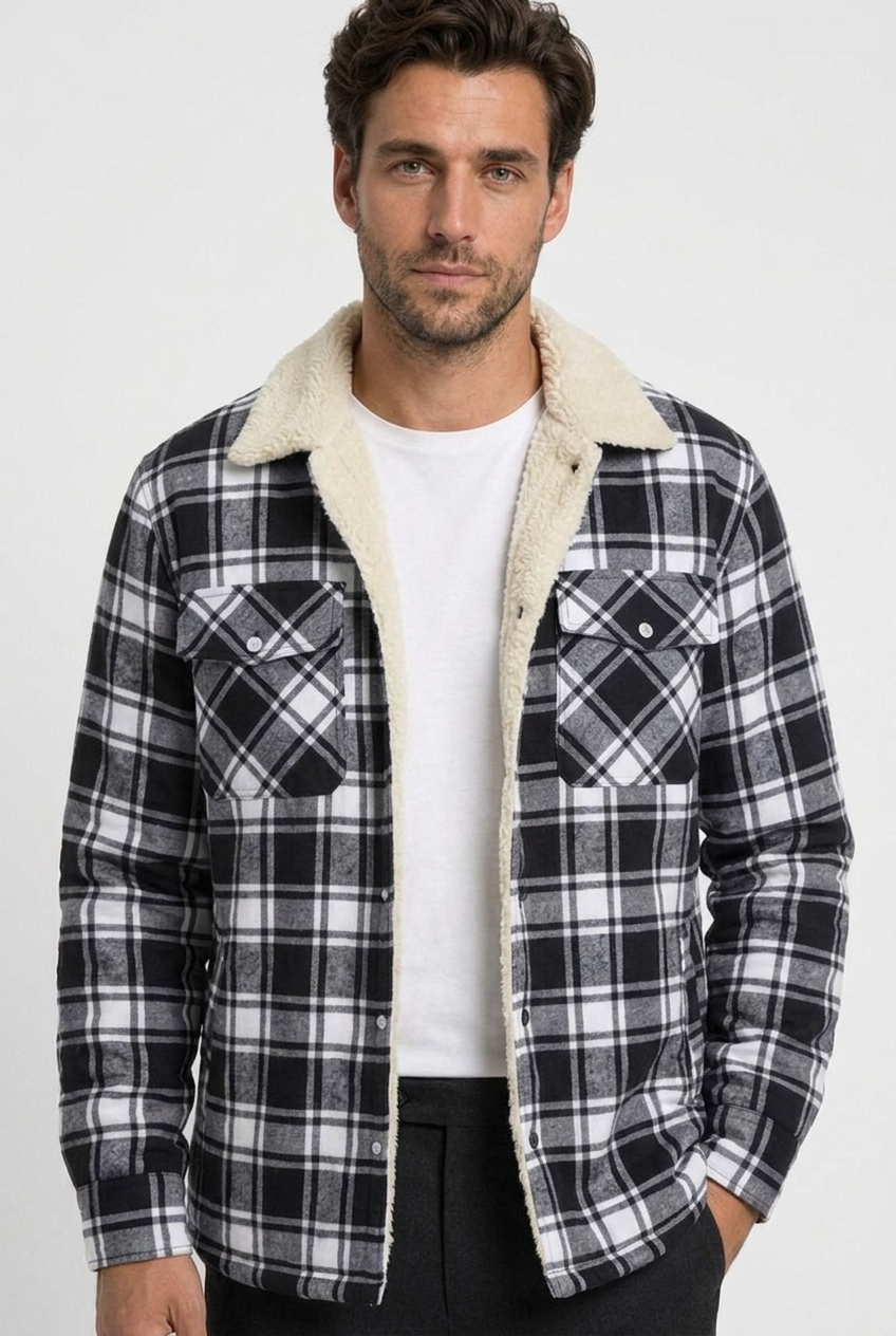 Derrick men's sherpa-lined shirt jacket in black, closeup view