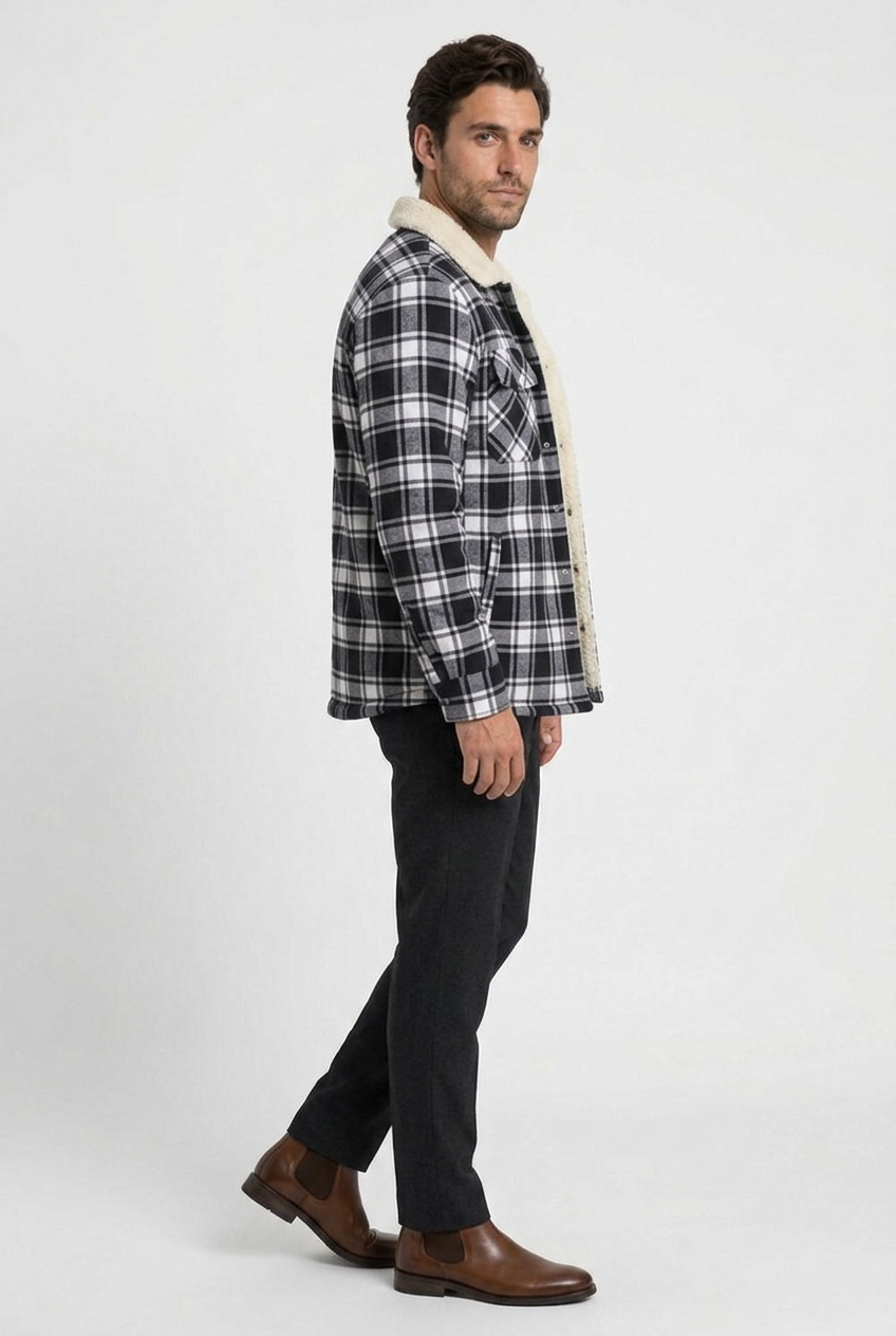 Derrick men's sherpa-lined shirt jacket in black, side view