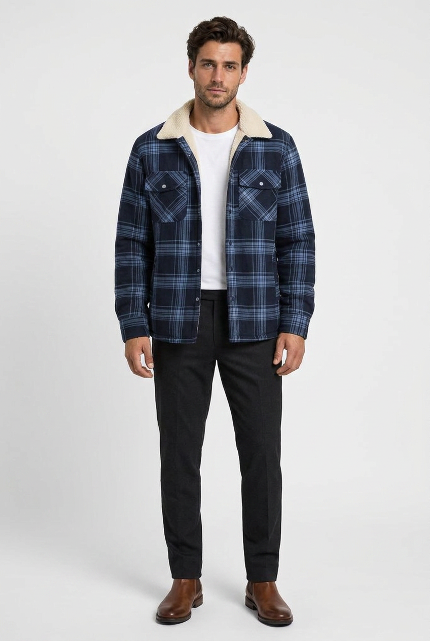 Derrick men's sherpa-lined shirt jacket in navy, front view