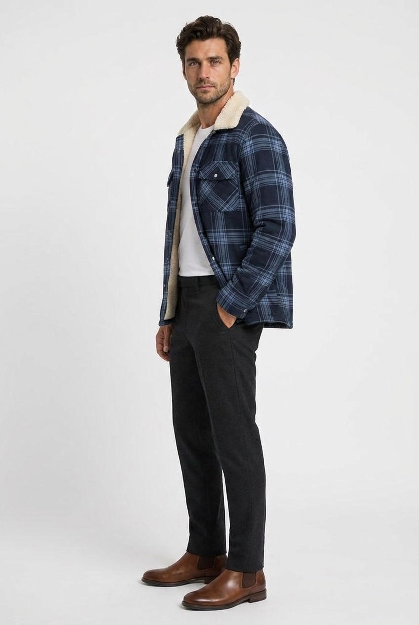 Derrick men's sherpa-lined shirt jacket in navy, side view