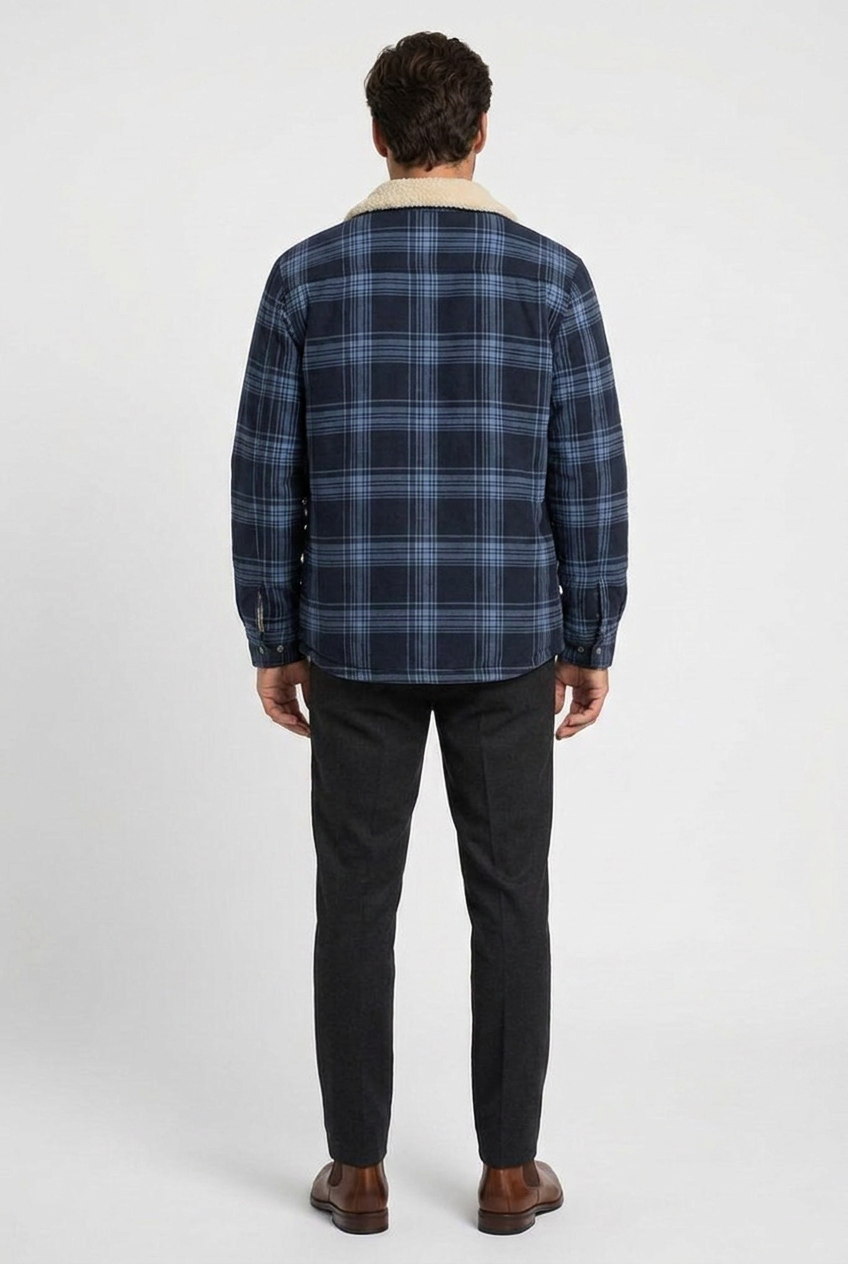 Derrick men's sherpa-lined shirt jacket in navy, back view