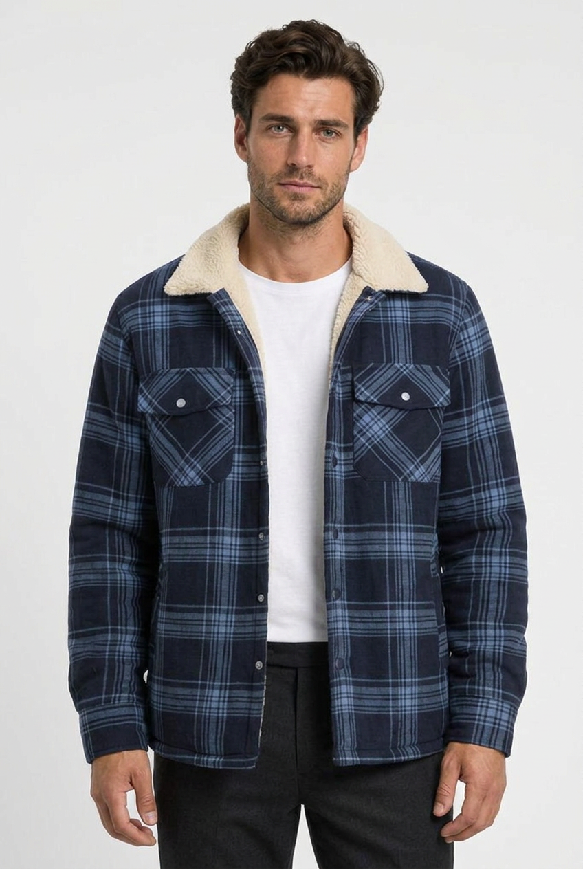 Derrick men's sherpa-lined shirt jacket in navy, closeup view