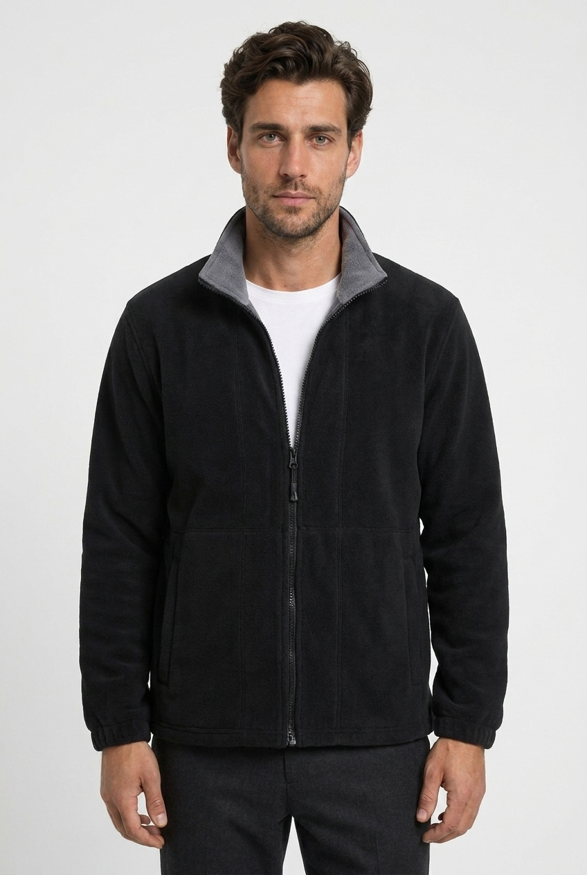 Julius men's fleece full-zip jacket in black, closeup view