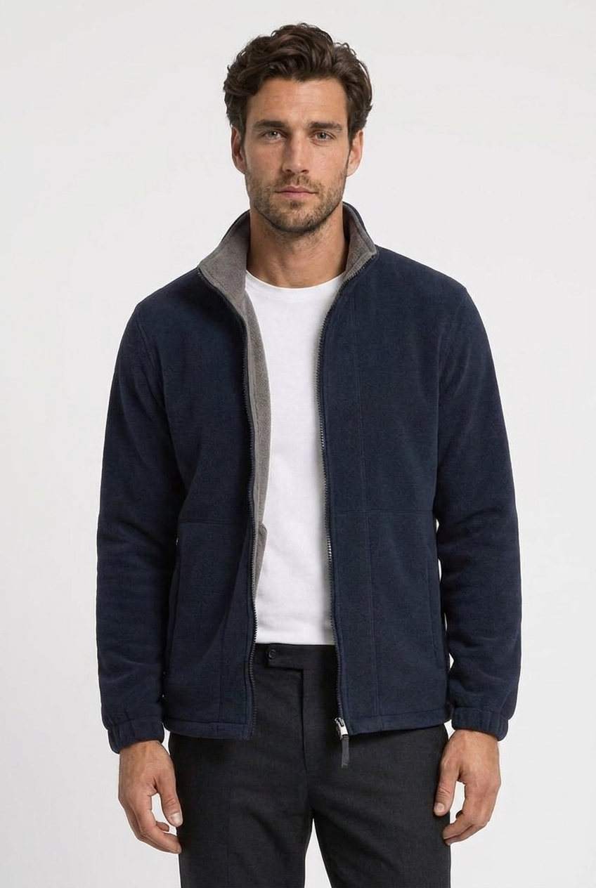 Julius men's fleece full-zip jacket in navy, closeup view