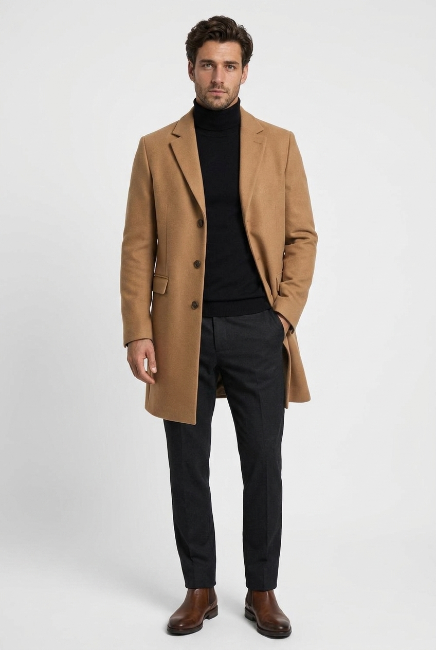 William men's wool overcoat in camel, front view