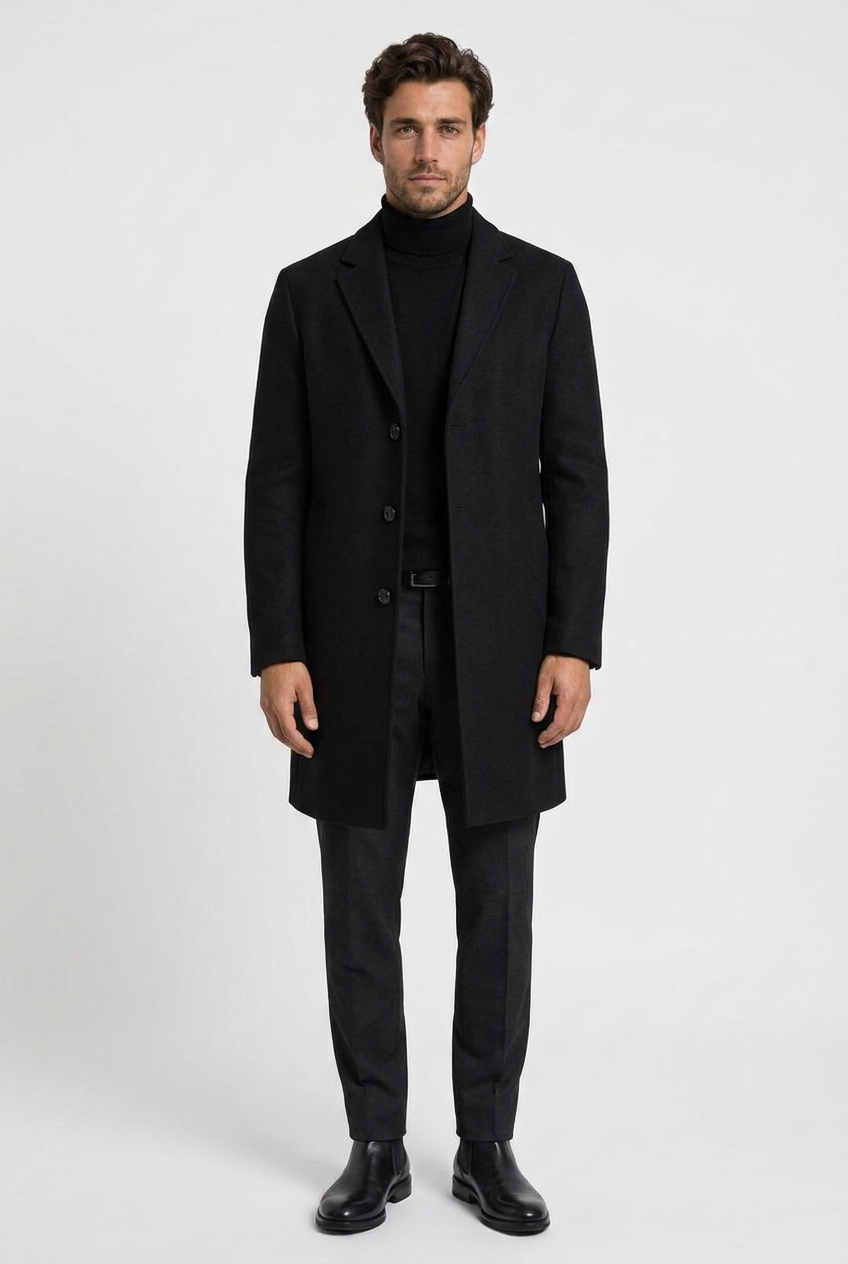 William men's wool overcoat in black, front view