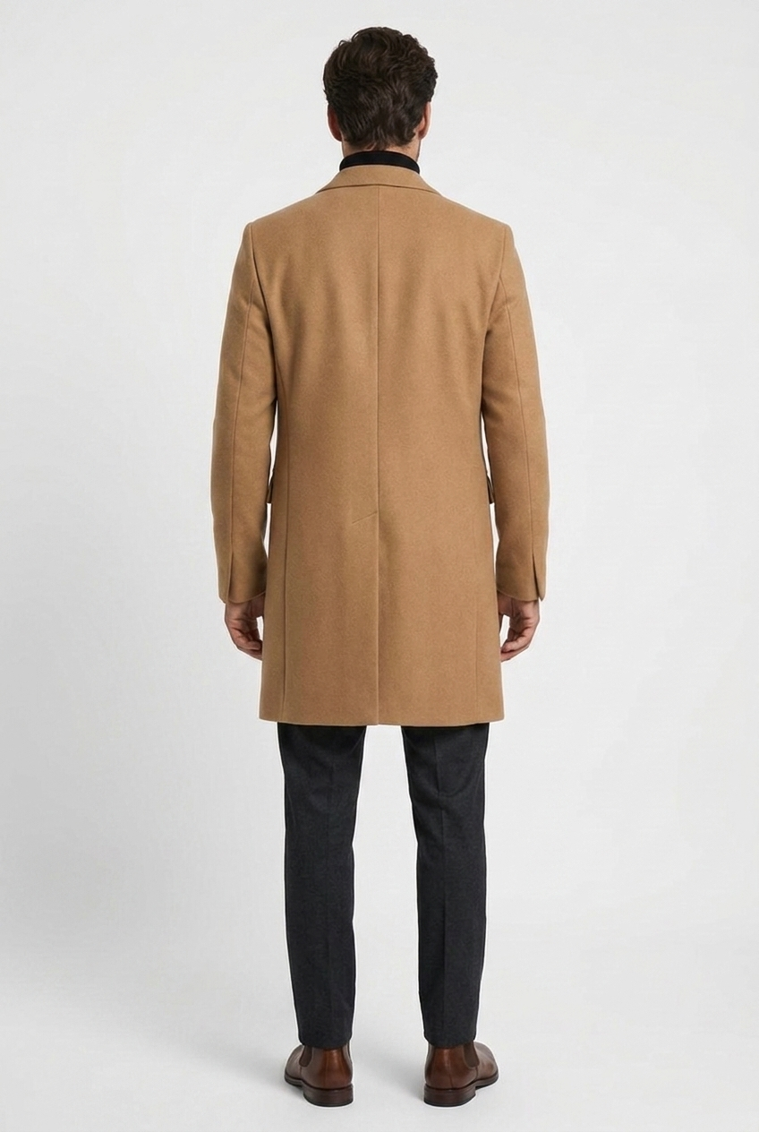 William men's wool overcoat in camel, back view