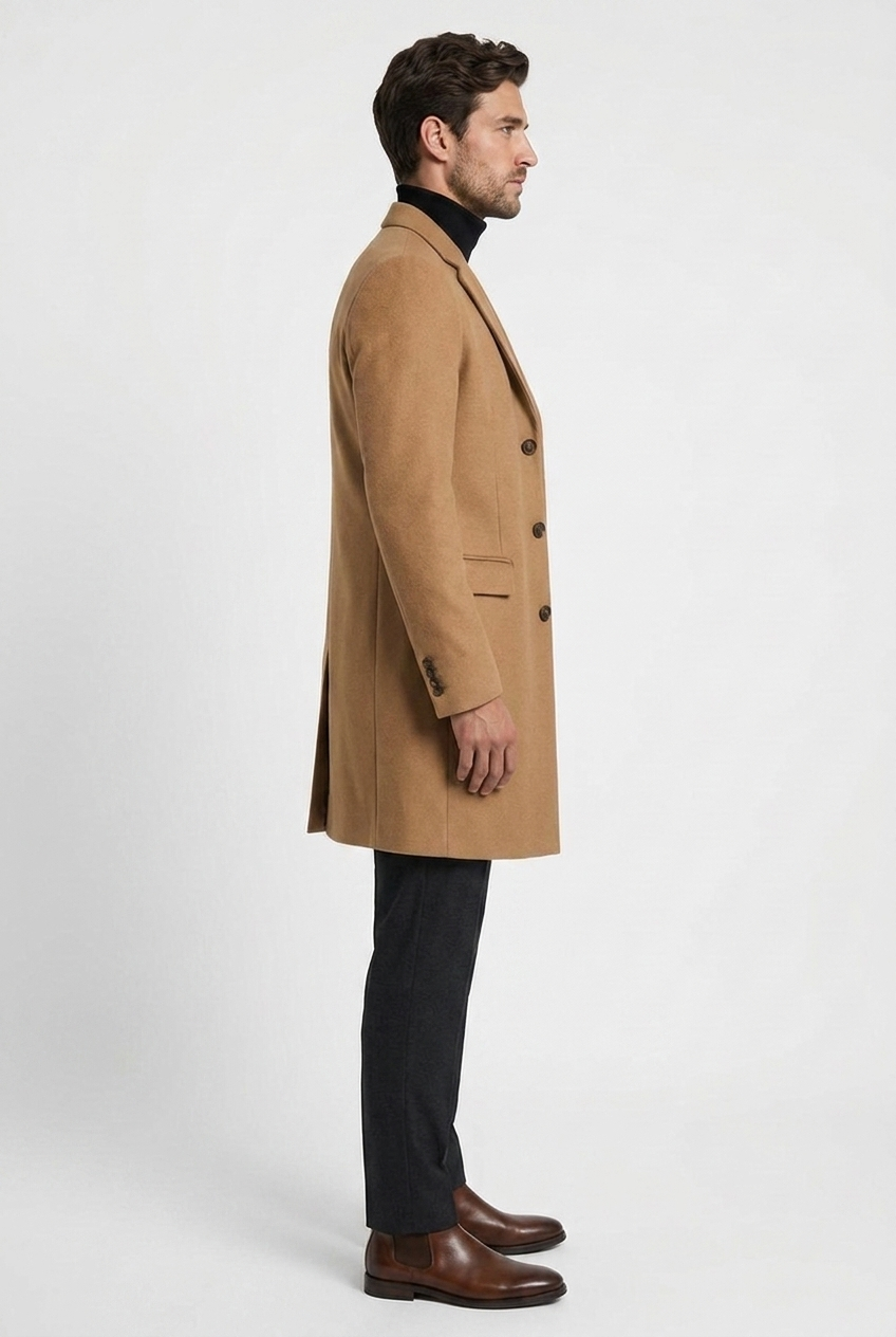 William men's wool overcoat in camel, side view