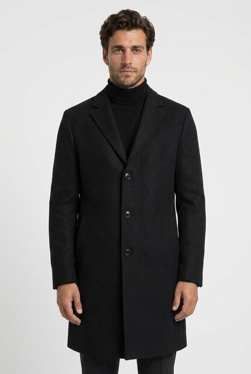 William men's wool overcoat in black, closeup view