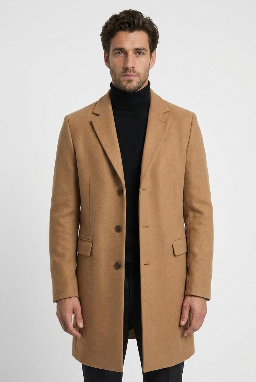 William men's wool overcoat in camel, closeup view