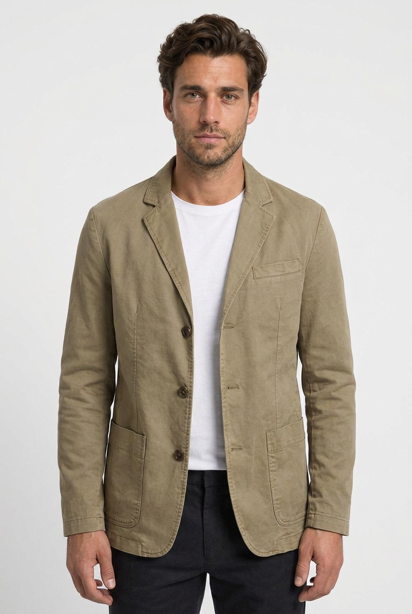 Dennis men's casual cotton blazer in khaki, closeup view