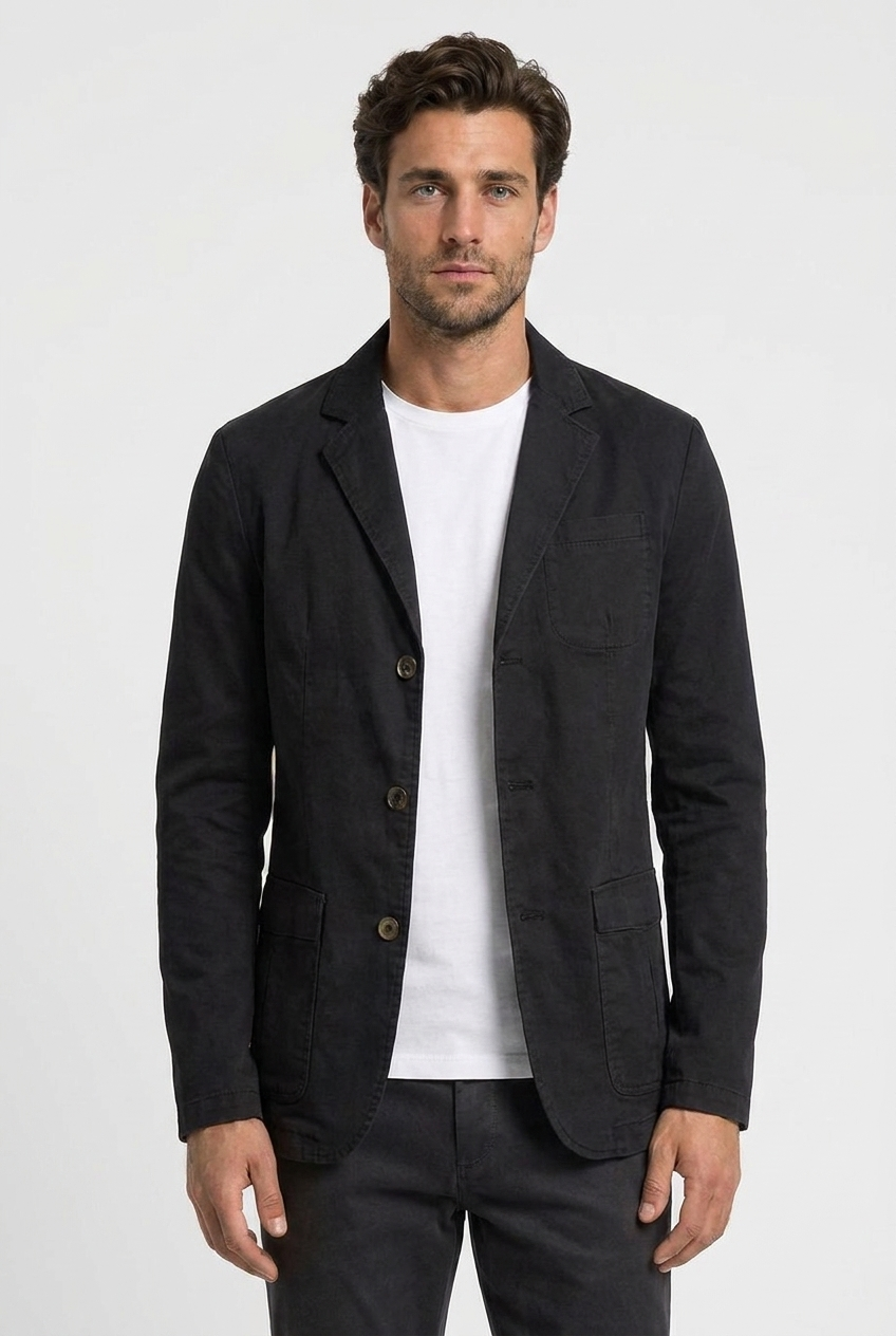 Dennis men's casual cotton blazer in black, closeup view