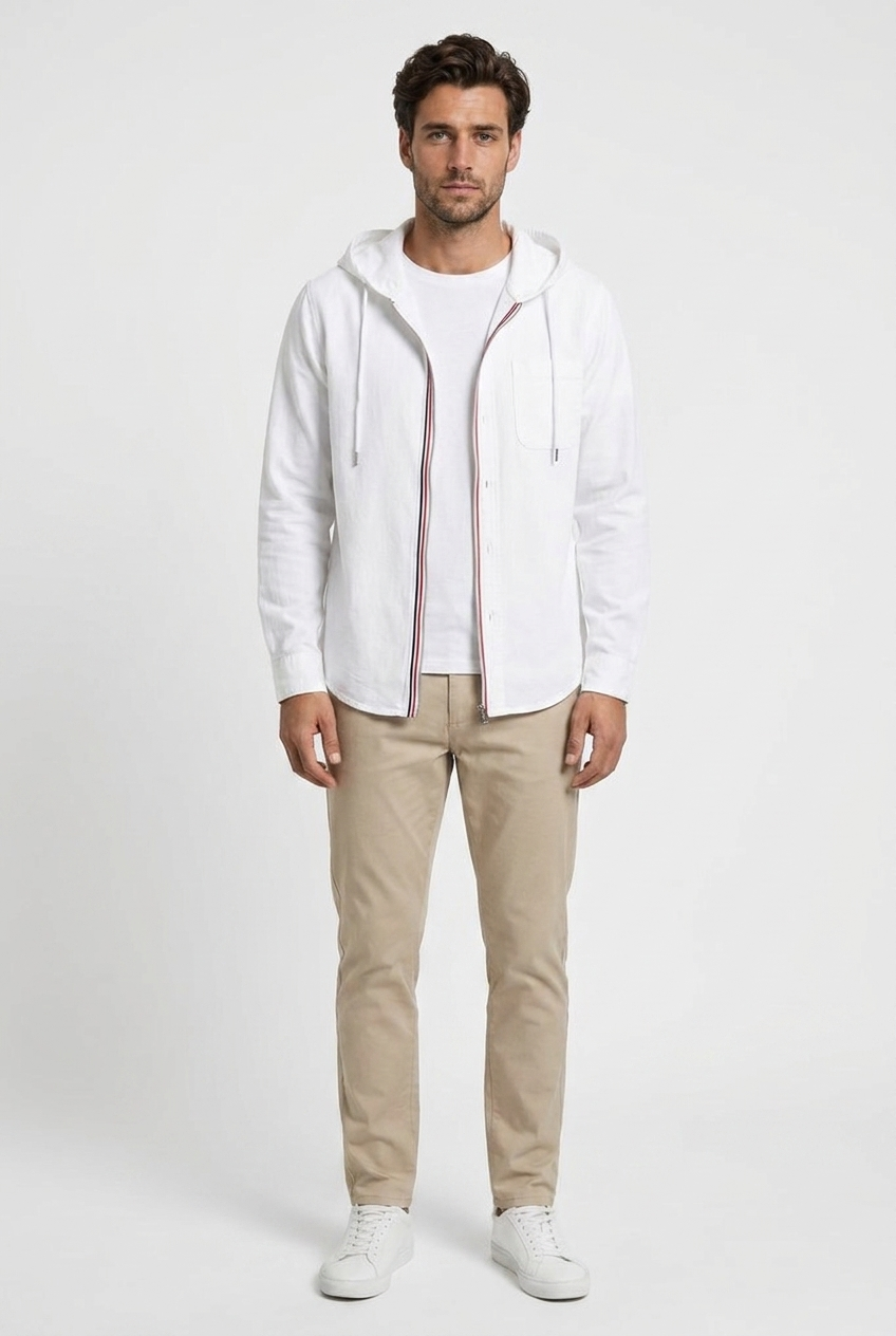 Oscar men's hooded shirt jacket in white, front view